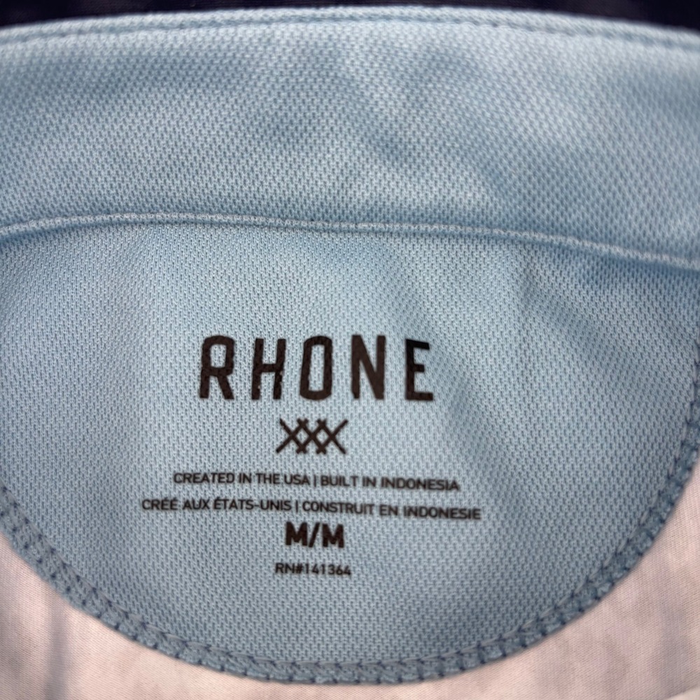 Rhone Polo Shirt Mens Medium Blue Geometric Diamond Print 101448 Stretch - Picture 2 of 10